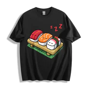 A cute sushi-themed unisex T-shirt for both men and women, featuring a sushi character sleeping on a wooden tray and the word "Zzz" above it. This is perfect for food lovers and anime fans.