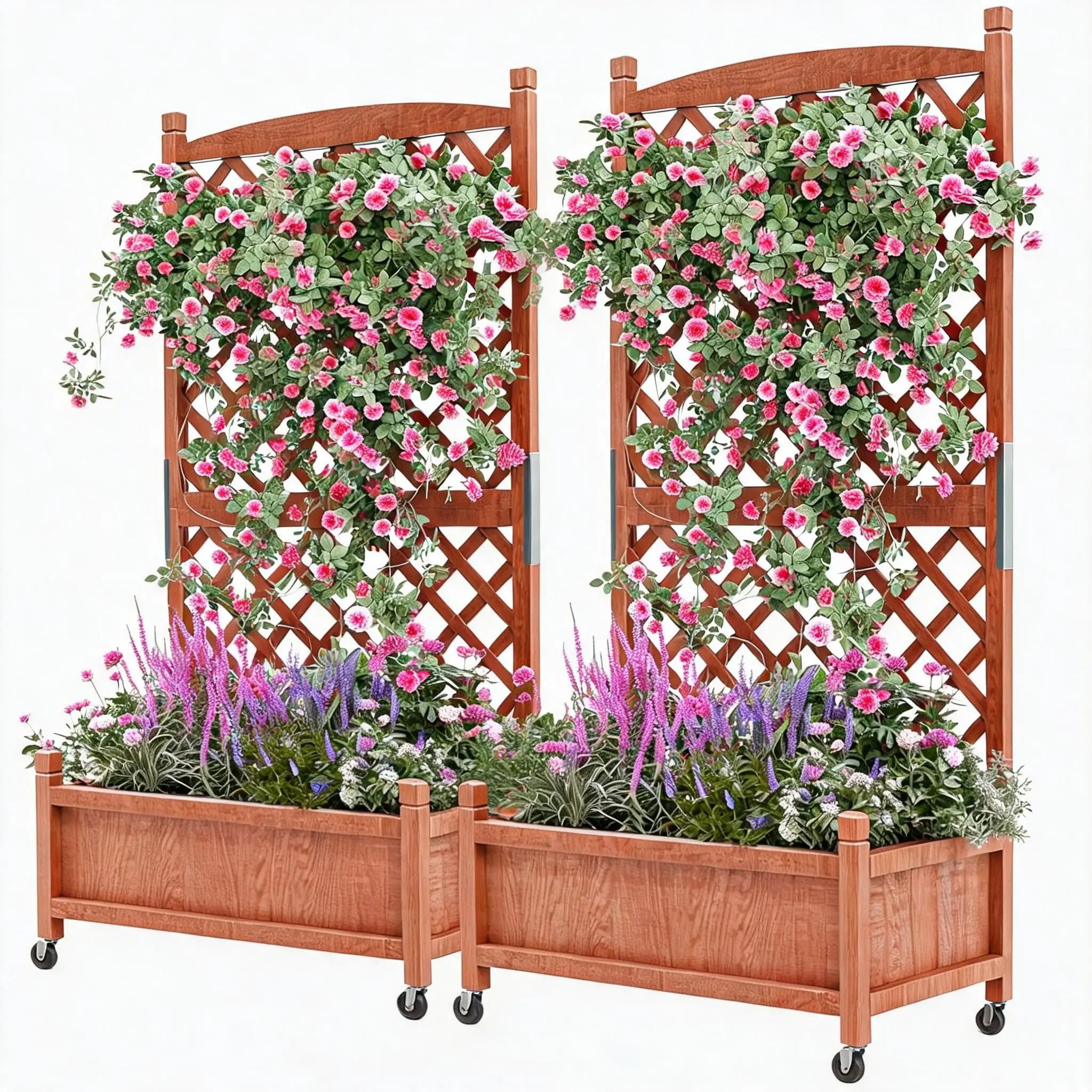 Set of 2 Large Wooden Raised Planter Boxes with Trellis, Drainage Holes - Mobile Vertical Gardening Bed on Locking Wheels for Patio, Herbs, Privacy Screen