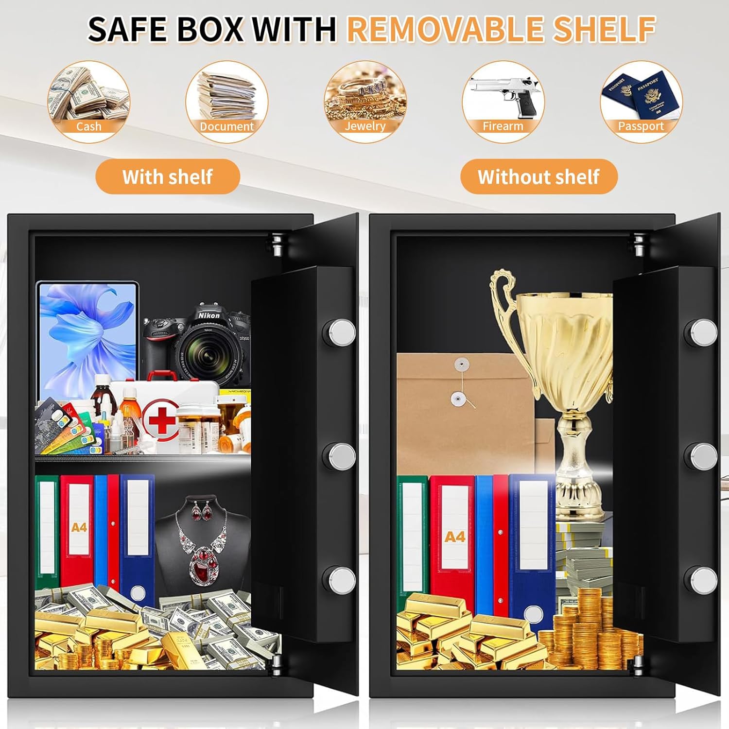 3.3 Cuft Large  Safes Water and Fireproof, Fire proof Safes for  Use, Anti-  Safe Box With Digital Keypad & Removable Shelf and Led Light,  Safes for Documents Valuables
