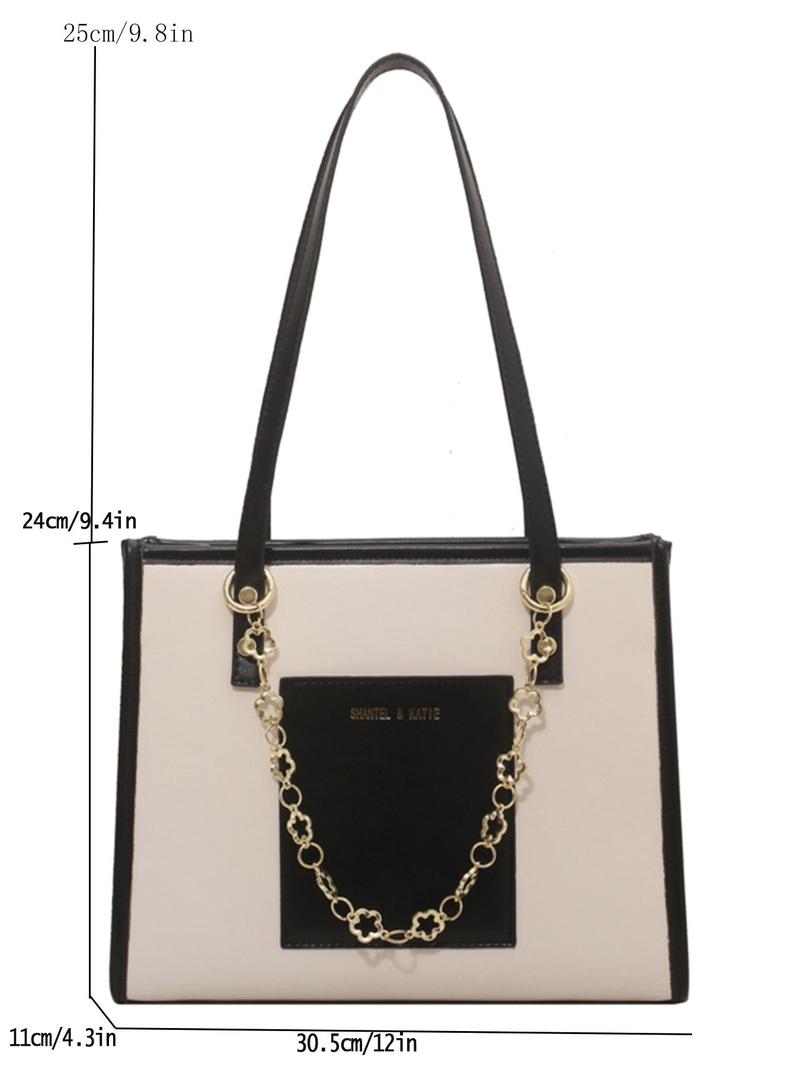 Fashion Chain Decorated Tote Bag As Summer Outfits 2024, Elegant Colorblock Letter Label Design Shoulder Bag for Women, All-match Commuter Bag for Work & Daily Used