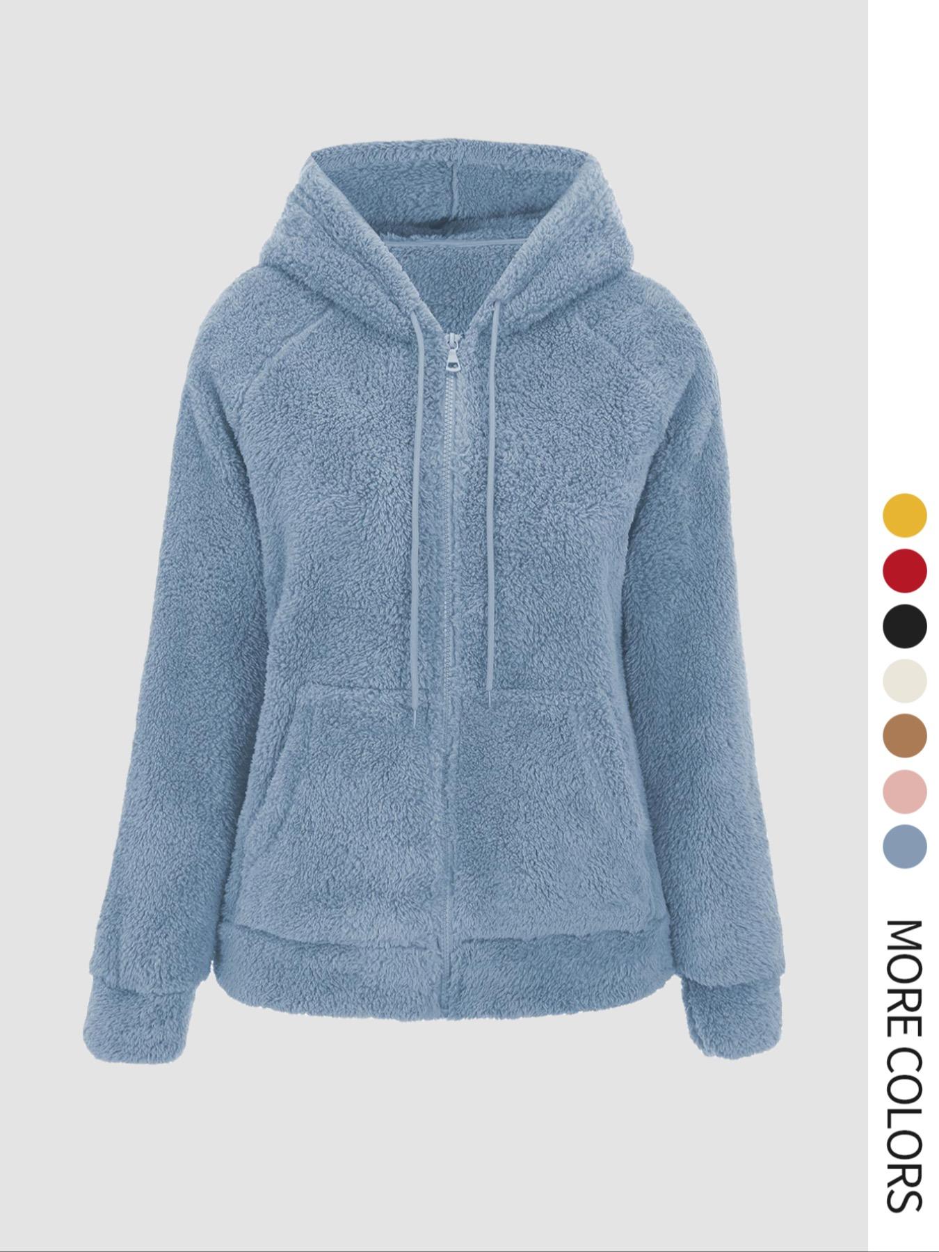 Women's Hooded Plush Jacket with Pockets & Drawstring, Solid Casual Fitted Zipper Outerwear for Spring Autumn Winter All Seasons