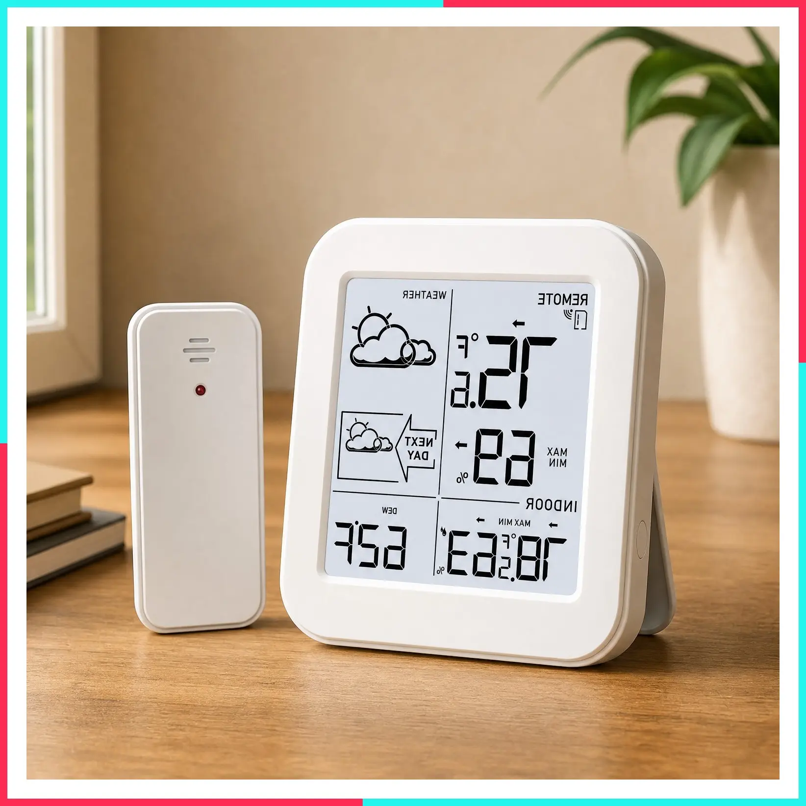 Indoor Outdoor Wireless Thermometer with Sensor, 500FT Range, Battery Powered Weather Station, 3.8" LCD Display, Temperature Humidity Monitor with Backlight, Max/Min, Dew Point & Pressure
