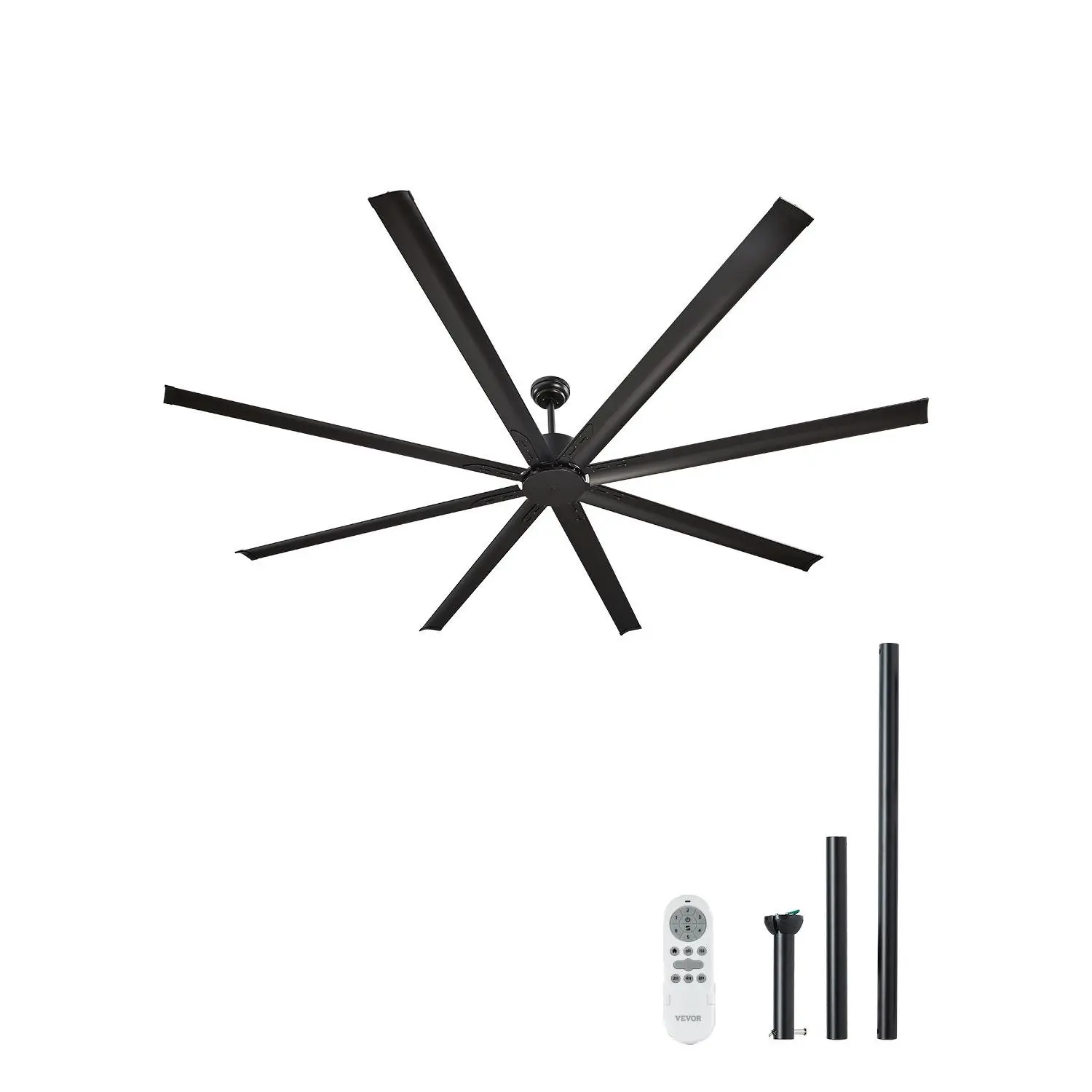 【Summerfinds】VEVOR Modern 96-in Low Profile Flush Mount Metal DC Ceiling Fan (FR25049NL-96"MBK) No Light, 8-Aluminum Blades, 6-Speed Remote Control, Efficient Reversible Motor, 3-Sized Downrods, 30.64 lbs All-Seasons Fan for Casual Bedroom, Living Room, I