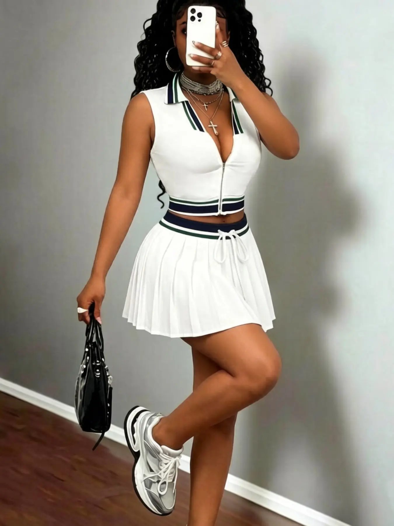 Women's Fashion Casual Two-Piece Set, Lapel Zipper Sleeveless Top + Patchwork Vest, Sports Running, Cute Sailor Uniform, Athleisure Outfit