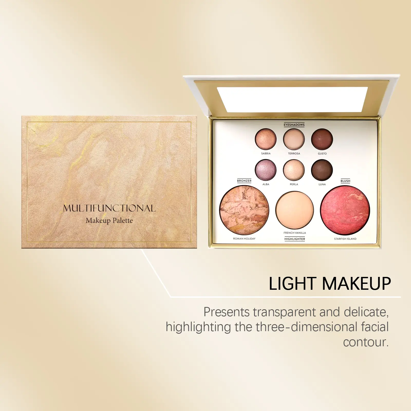 Luxury Gold All-In-1 Full Face Makeup Palette - Multi-Functional with Eyeshadow, Contour, Blush, Highlighter, Under-Eye Brightener, Handheld Mirror, Creative Duoface Design, Refill Container, Brush Cleaner
