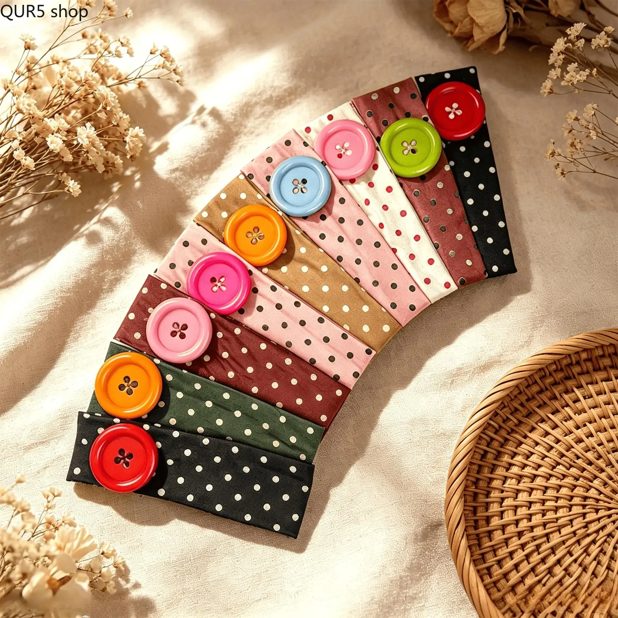 4-pack women retro polka dot stretch headbands decorated with hand-sewn big buttons. Made of soft elastic fabric with snug non-slip fit, classic polka dot style easily upgrades summer outfits. Lovely versatile hair accessory ideal for beach trips, daily c