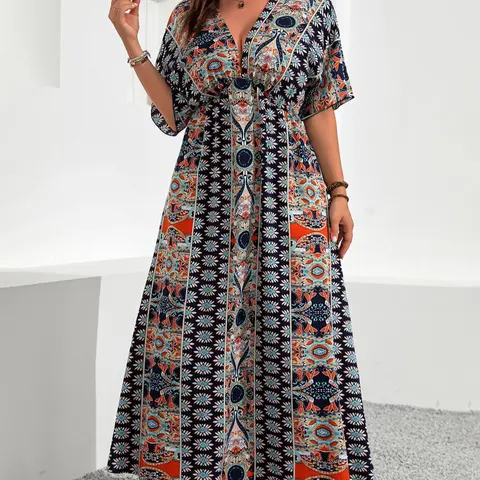 Plus Size Ethnic Pattern Ruched V Neck Dress, Boho Bohemian Casual Floral Print Batwing Half Sleeve A Line Dress for Summer, Women's Clothes for Beach Holiday Vacation, Boho Style Dresses