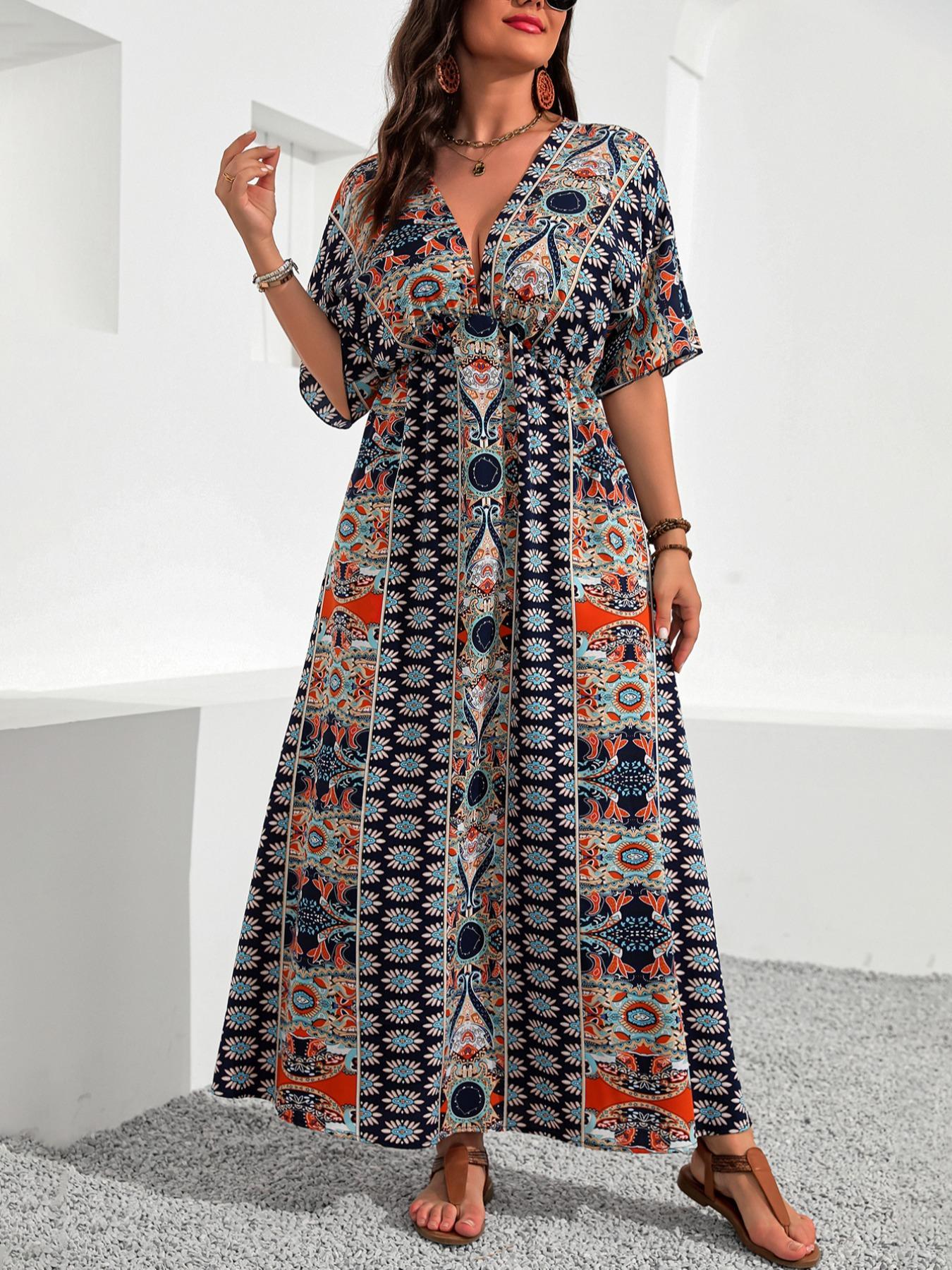 Plus Size Ethnic Pattern Ruched V Neck Dress, Bohemian Casual Floral Print Batwing Half Sleeve A-Line Dress for Summer, Women's Clothes for Beach Holiday Plus Size Ethnic Pattern Ruched V Neck Dress, Bohemian Casual Floral Print Batwing Half Sleeve A-Line Dress for Summer, Women's Clothes for Beach Holiday