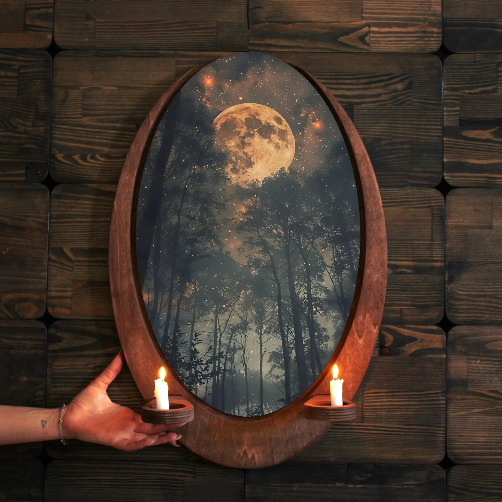 Full Moon Painting, Goth Candle Holder, Gothic Wall Art, Wall Plaque, Oval Wall Decor, Dark Academia Art, Witchy Room Decor, Vintage Aesthetic Home Decoration, Bedroom Decor, Spooky Wall Hanging, Mystic Moon Decor, Alt Gothic Gift