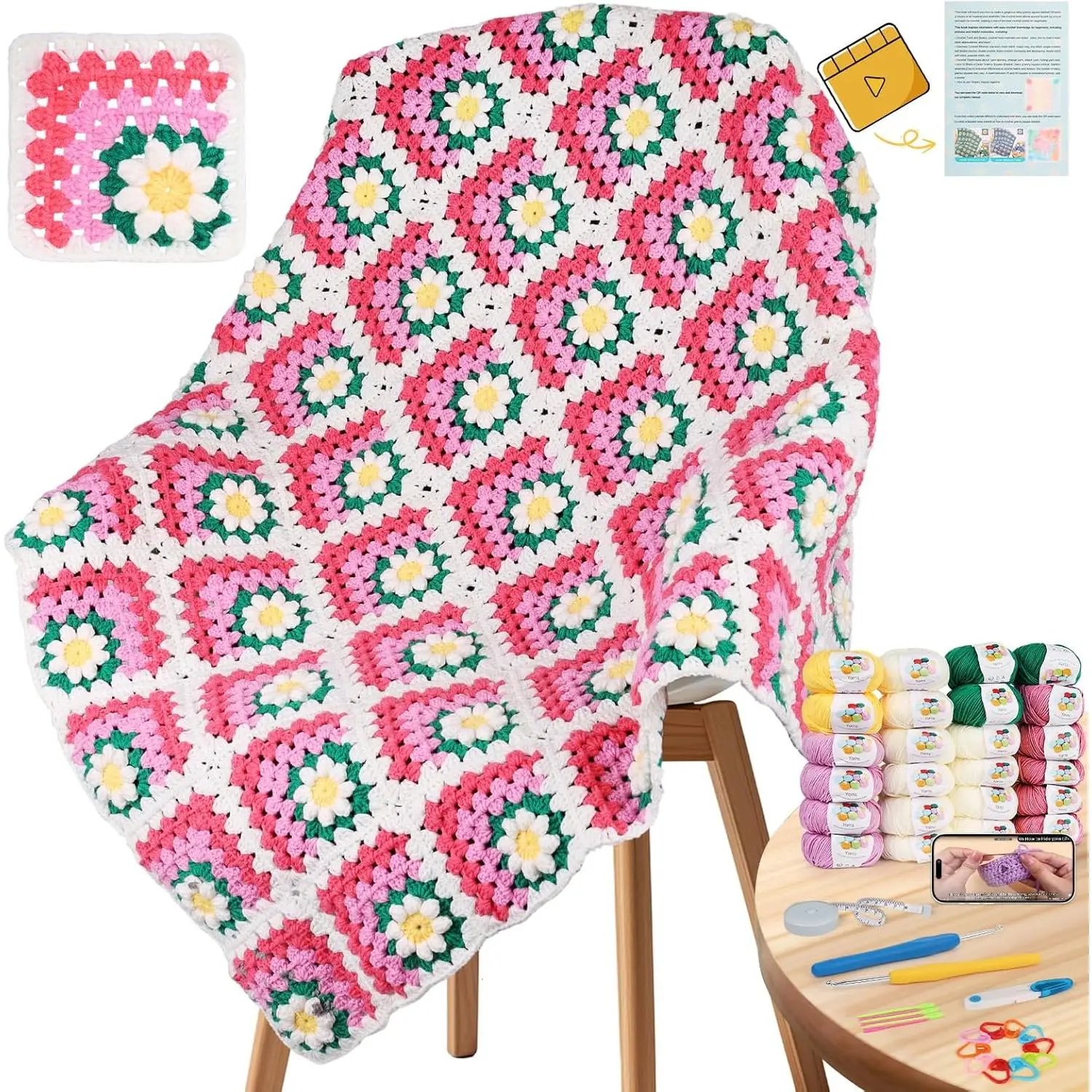 Beginner Crochet Blanket Kit - All-in-1 Granny Square Set with Step-by-Step Video, Yarns - Easy Granny Square Learning for Craft Lovers, Ideal for Birthday, Thanksgiving, Valentine's Day, Mother's Day Gifts