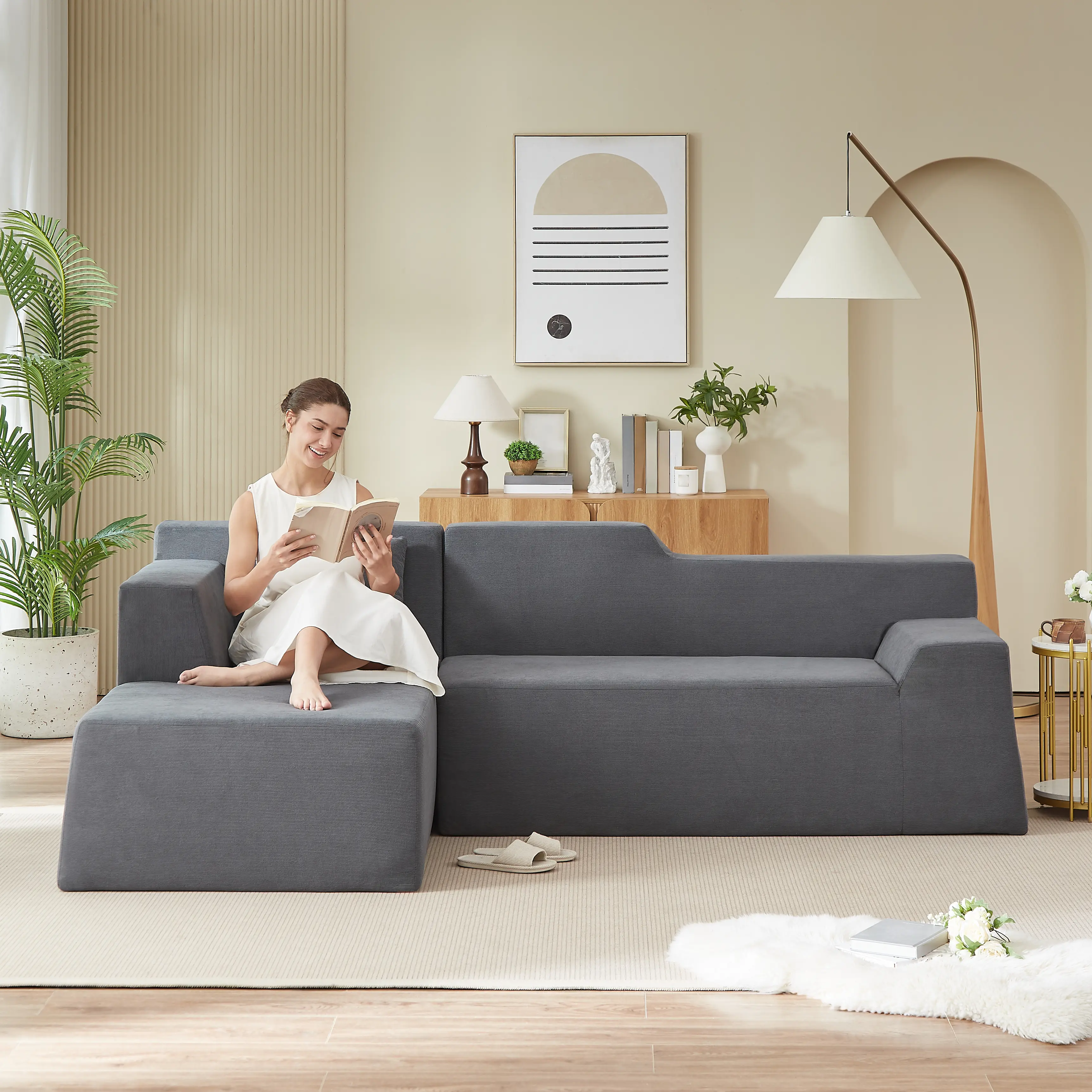 ARCH Modern Minimalist L-Shaped Corduroy High Back Sectional Couch - Soft Fabric Upholstered, High Backrest, Compact, Versatile Placements, 1-Person Seat Option, Indoor Apartment Furniture for Lounge Living Room, One Person