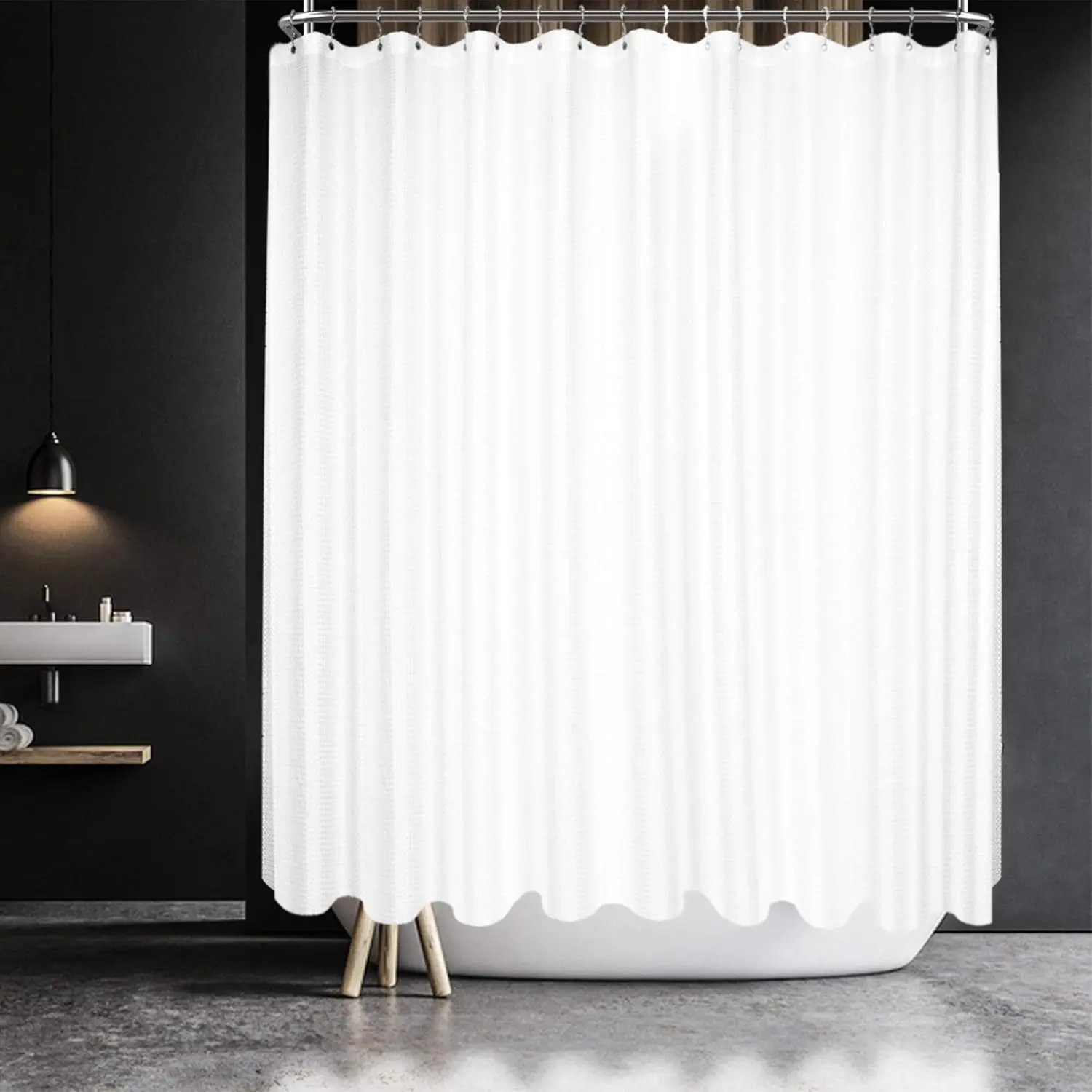 White Waffle Weave Iron Metal Modern Hanging Clawfoot Tub Bath Shower Curtain (180x70 in) Wrap Around - 230gsm Heavy Fabric, Washable, Water Repellent, 36 Hooks Set to Stop Blowing