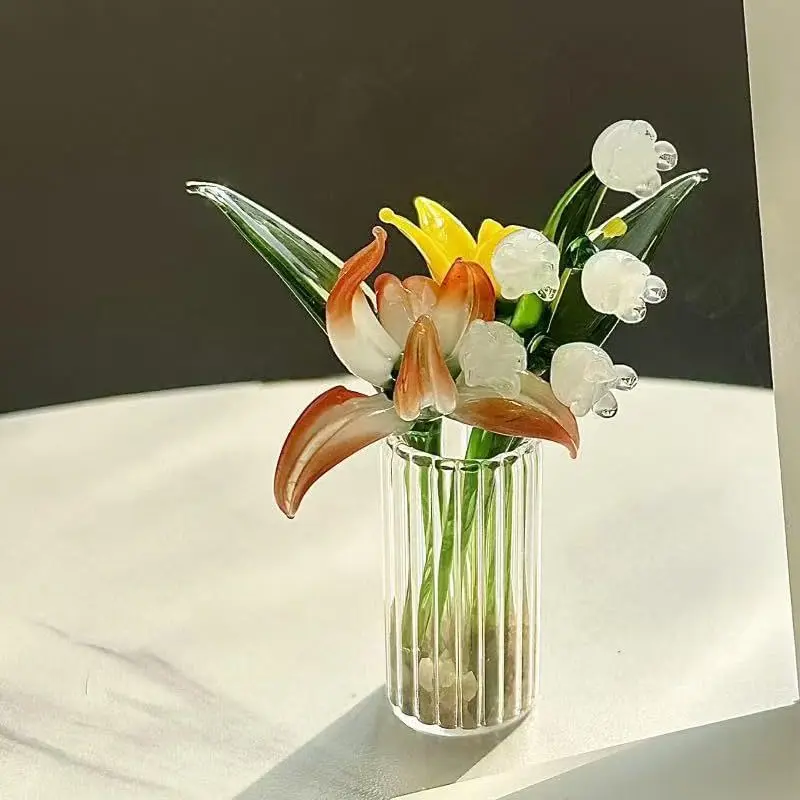 Mini Hand Blown Glass Flower Bouquet with Vase,Small Handmade Glass Flower Branches Artificial Flowers,Collectible Figurines for DIY Crafts Wedding Birthday Gift (6PCS)