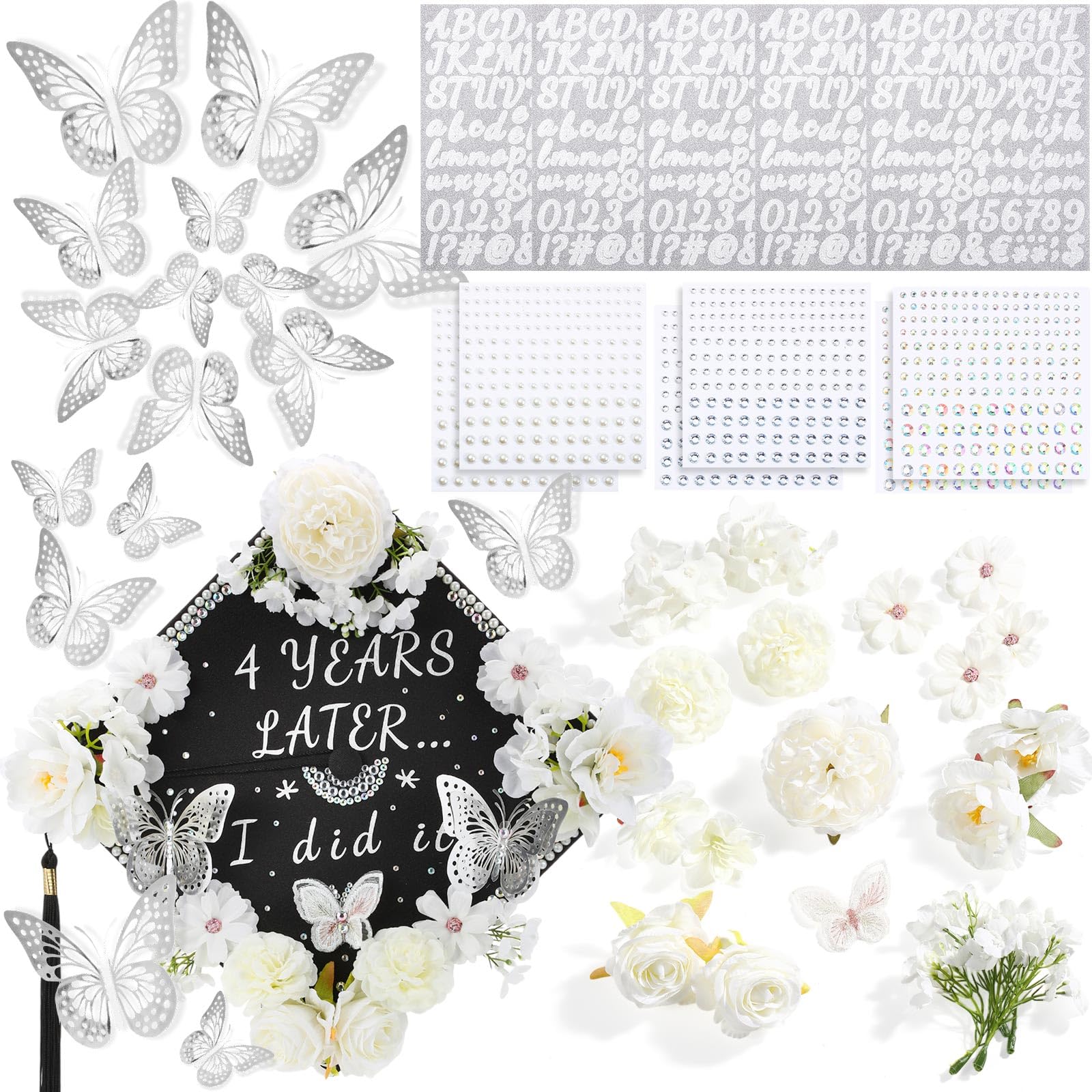 41-Pcs DIY Graduation Cap Decoration Kit for Class of 2026 - Party Accessories with Artificial Flowers, 3D Butterflies, Cute Graduation Bow, Grad Cap Topper Ideas, Ceremony Photo-Ready Grad Party Supplies, Craft Gift for Kids