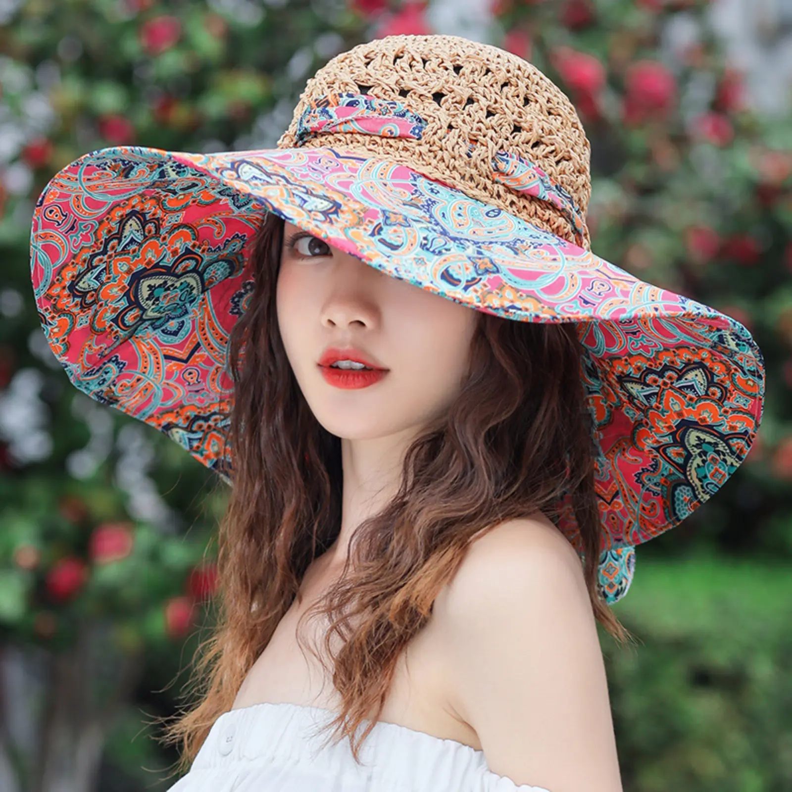 Women Boho Wide Brim Straw Bucket Sun Hat, UPF 50+ UV Protection Windproof Beach Straw Hat, Breathable Ethnic Style Floppy Cap For Outdoor Travel Camping Vacation Daily Wear