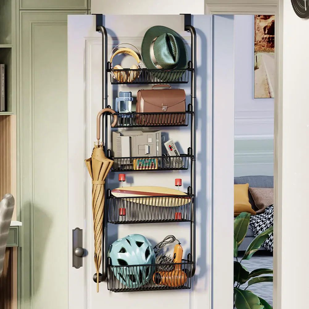 4-Layer Carbon Steel Over the Door Organizer Shelving & Storage, Door Hook Hanging Rack with Adjustable Baskets, Strong Stabilizing Suction Cups for Kitchen, Bathroom, Adjustable Hook Shelving & Storage, Door Hook Shelving & Storage