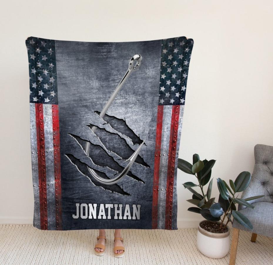 Fishing Blanket, Personalized Blankets And Throws, Fishing Hook & Us Flag Blanket, Fishing Gifts, Gifts For Fishermen, Gifts For Dad