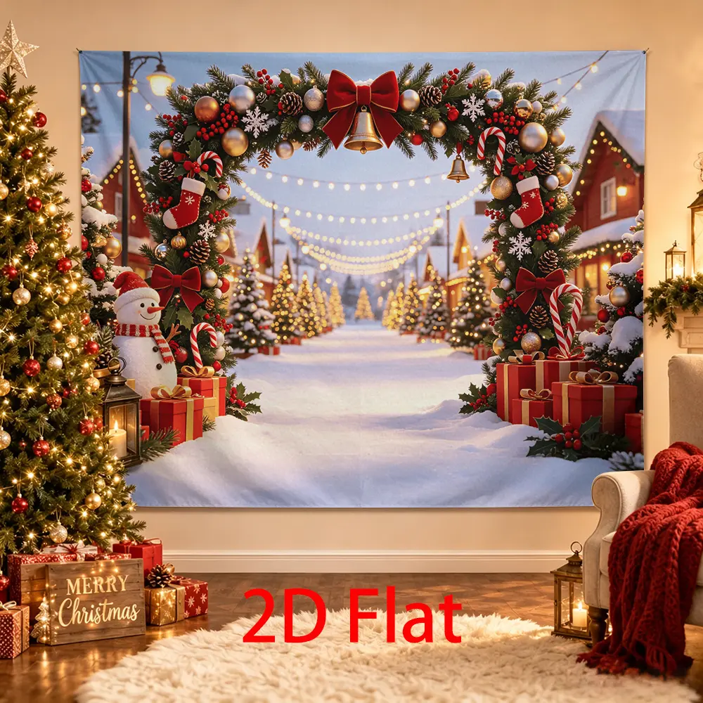Christmas Village Backdrop with Snowman, Pine Arch, Red Bows, Candy Canes, Gifts and Warm String Lights Snowy Photo Background
