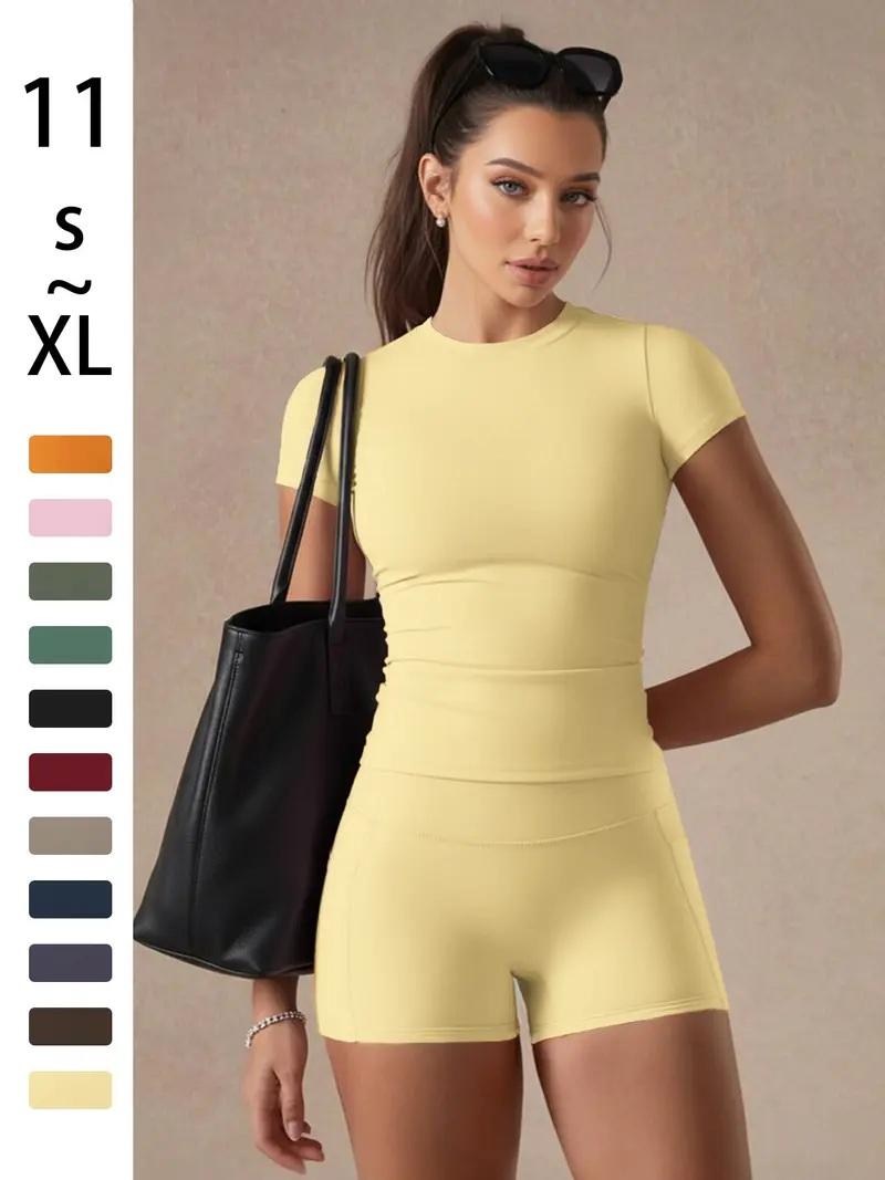 Women's Solid Color Basic 2-Piece Set – Versatile T-Shirt & Booty Sculpting Gym Shorts, Multi-Purpose Yoga Fitness Outfit for Workout & Daily Wear