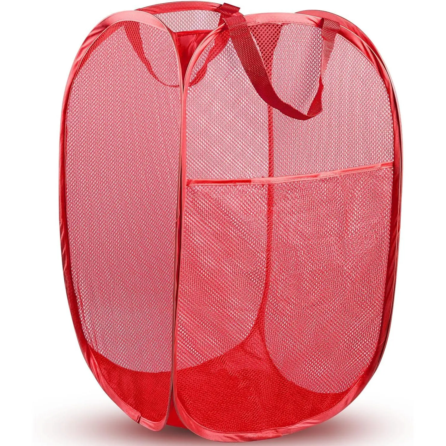 Pop Up Laundry Hamper, 70L Collapsible Mesh Laundry Basket with Side Pocket, Foldable Dirty Clothes Hamper with Sturdy Reinforced Handles for  Dorm Bedroom Travel Bathroom Storage, Red