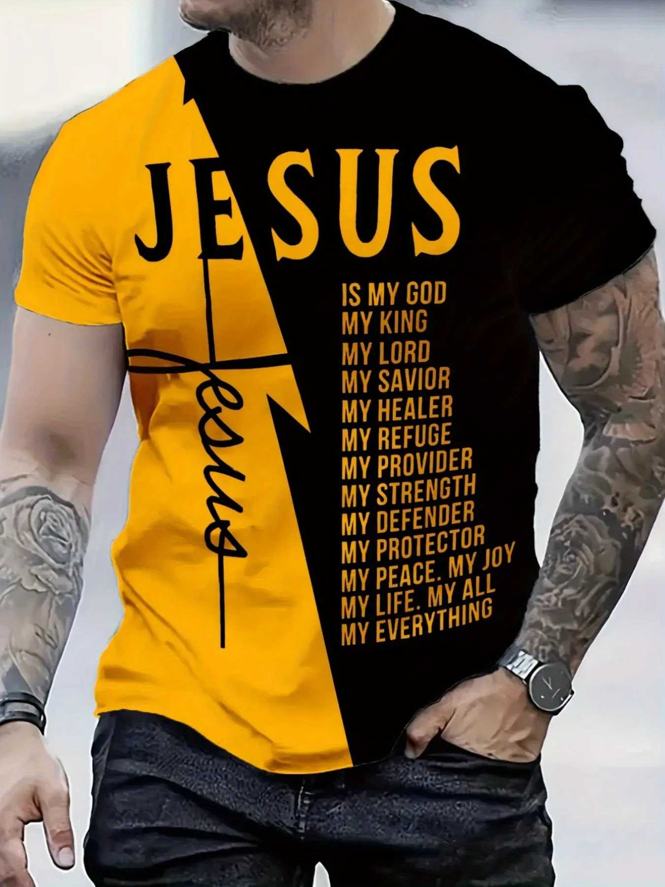 Jesus Theme Colorblock Short Sleeve T-Shirt, Men's Casual Printed Top, Contrast Design, Religious Cultural Clothing, Casual Graphic Tee