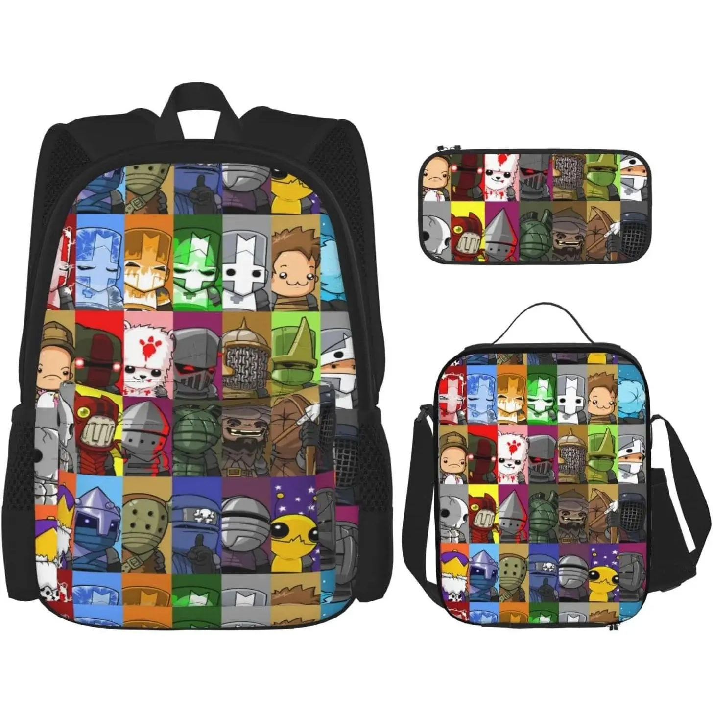 Castle Crashers 3PCS Cartoon Backpack Set High-capacity Laptop Bag Lightweight Lunch Bag Anime Pencil Case