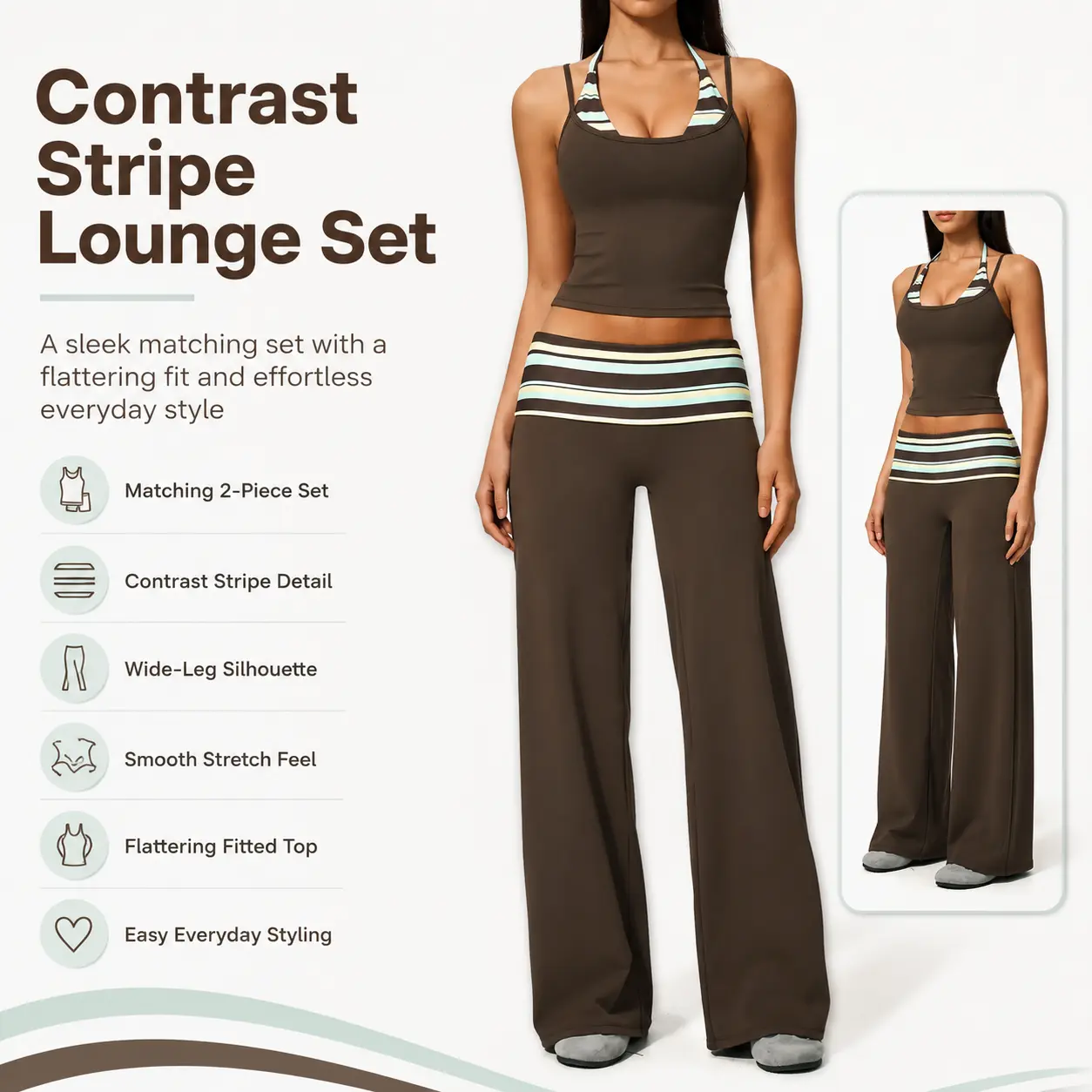 Women's 2-Piece Casual Athletic Set Ultra-stretchy, breathable & comfy yoga wear, featuring halter spliced striped/polka dot tops and high-waisted hip-lifting ruched wide-leg pants. Ideal for Pilates, gym training and daily outfits.