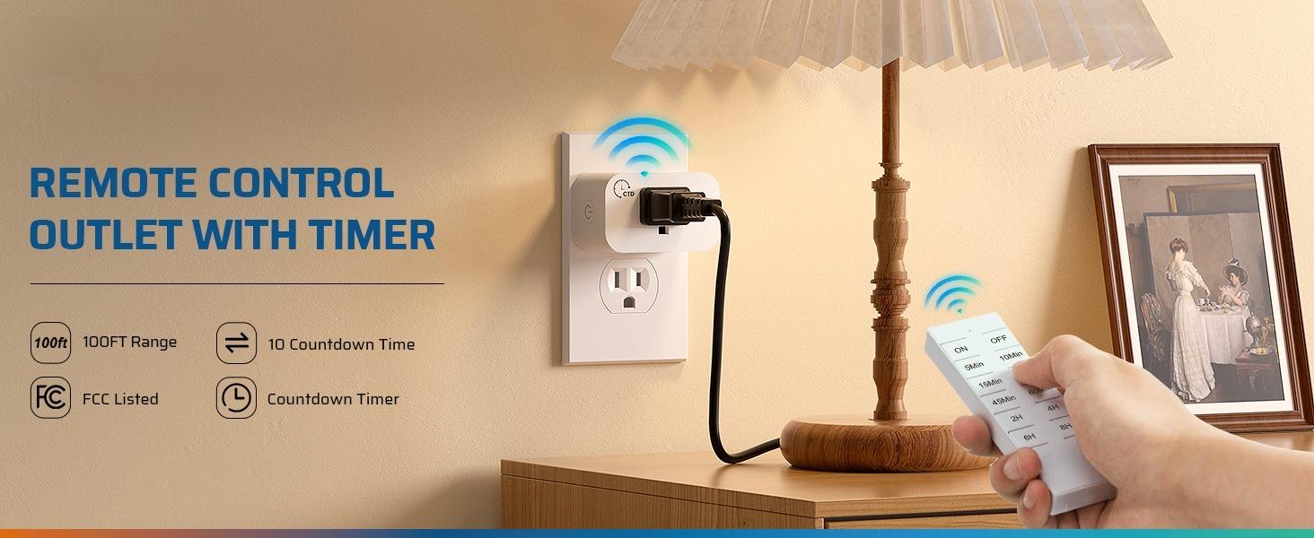 F-PSP02  Wireless Remote Control Outlet with Timer, Indoor Remote Timer Outlet, No Interference No Wiring, 15A/1875W 100FT RF Range, Countdown Light Switch for Lamp, Fan, Christmas Decor, FCC Listed