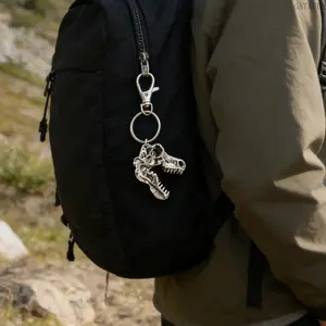 Handmade Silver T-Rex Skull Pendant Keychain Dinosaur Skeleton Metal Key Ring Portable Bag Charm Accessory for Daily Carry Outdoor Collection Gift Use
