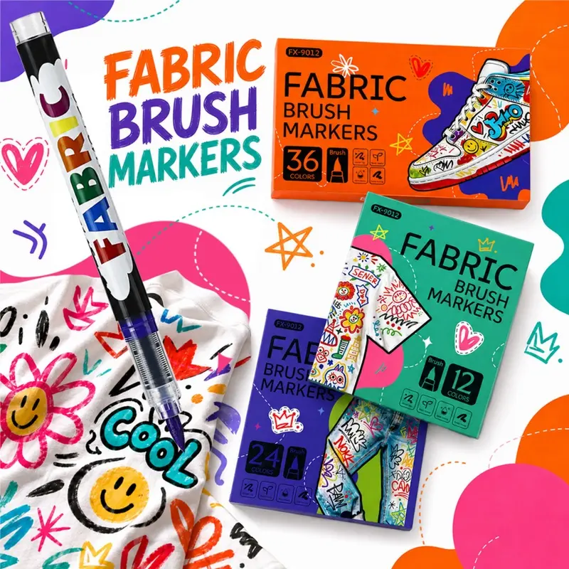 12/24/36 Colors Fabric Brush Markers feature flexible brush tips, smooth ink flow and vibrant colors. Quick-drying ink provides excellent coverage for creating detailed designs and large patterns on T-shirts, canvas bags, shoes, denim and more.