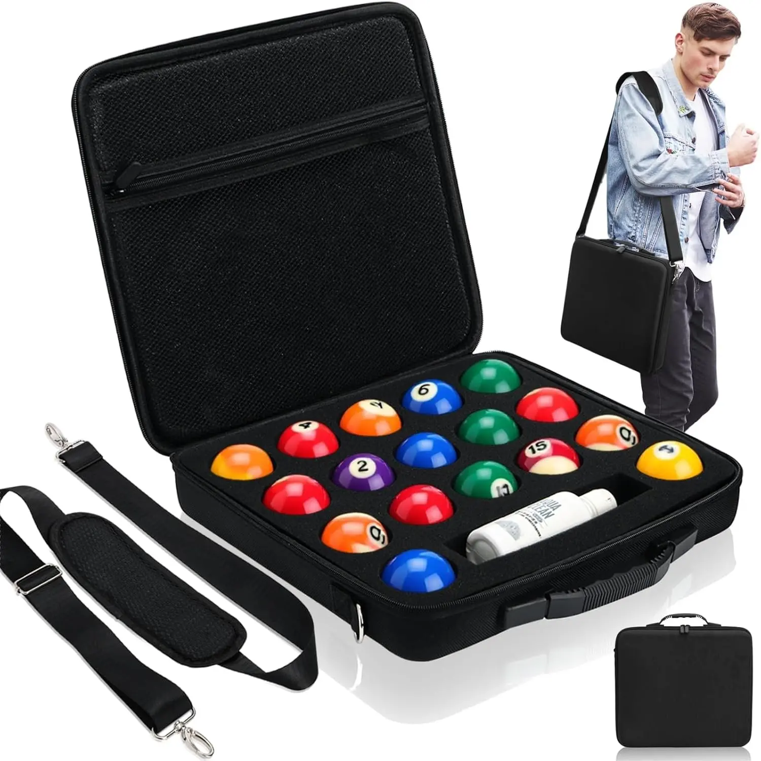 Professional Pool Ball Carrying Case - EVA Travel Box with Handle & Adjustable Shoulder Strap, Padded Cue Ball Holder for 17 Ball Set (Bag Only)