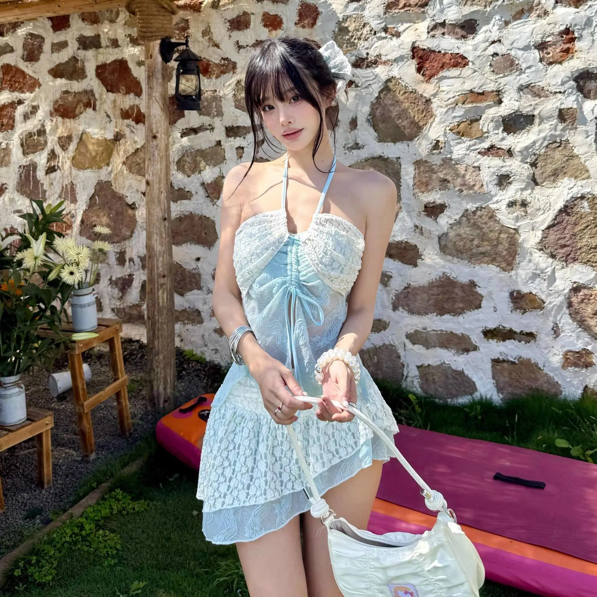 Women's Light Blue Lace Halter Two Piece Set Cut Out Tie Front Crop Top Ruffle Mini Skirt Sweet Coquette Y2K Beach Outfit 2026