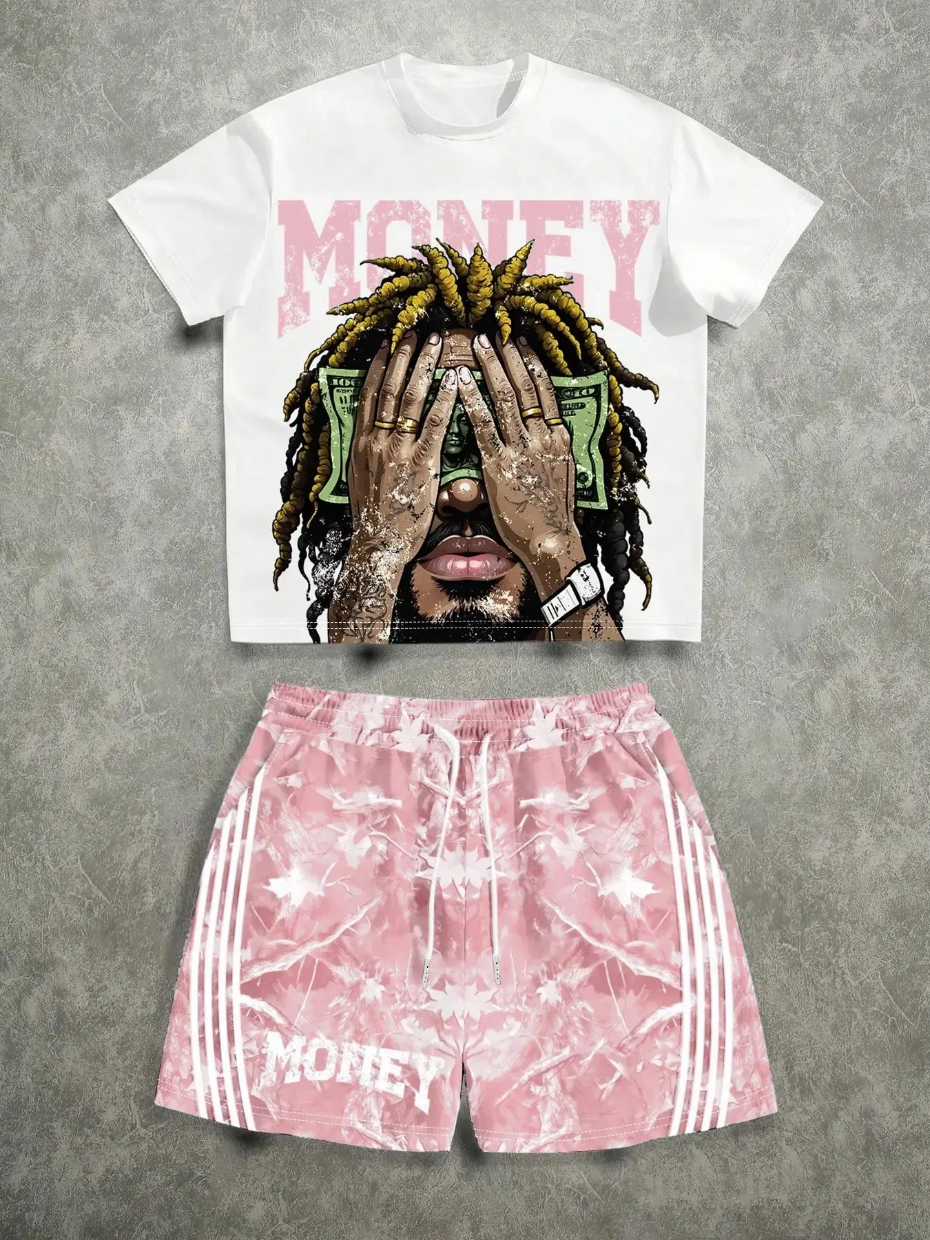 Men's Summer Short Sleeve Set, Hip-Hop Style Money Print Tee + Camo Stripe Shorts, Casual Loose Fit, Ideal for Sports & Streetwear