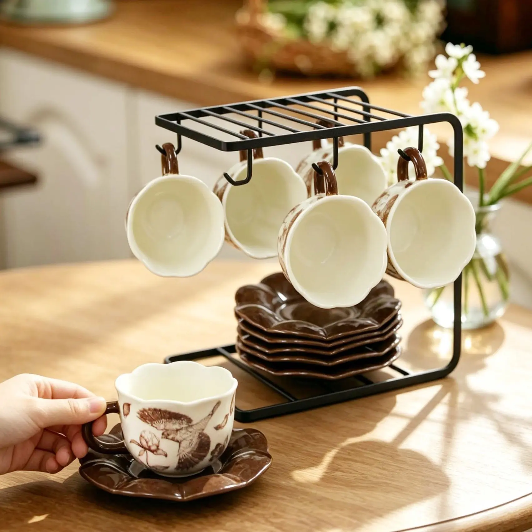 Hand-Painted Ceramic Cup Set with Rack, Coffee Art Cups, Microwave & Dishwasher Safe, Perfect Gift for Home, Office, Tea Parties