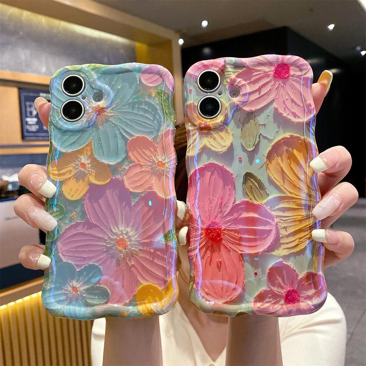 Case for iPhone 16 15 Pro Max 14 13 12 11, Colorful Retro Oil Painting Flower Cute Floral Aesthetic Curly Laser Glossy Reflective Exquisite Stylish Cover Girly Women Wave Frame Edge Exquisite Phone Cover Stylish Durable TPU Protective Case