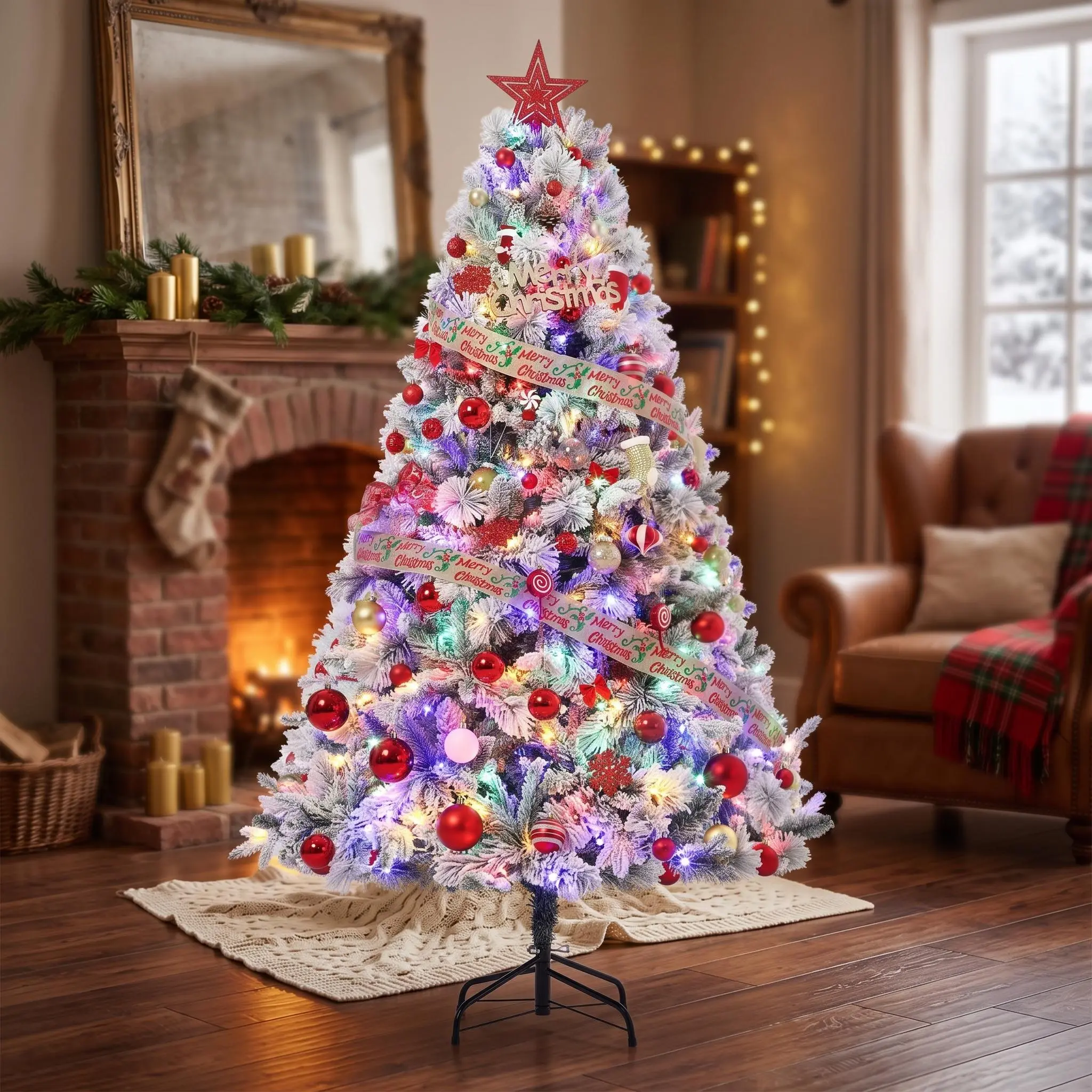 6 Ft Artificial Snow Flocked Christmas Tree, Prelit Xmas Tree, 850 Branches Hinged Christmas Tree with 400 Led Lights, Christmas Pine Trees for Home, Office, Party Decoration