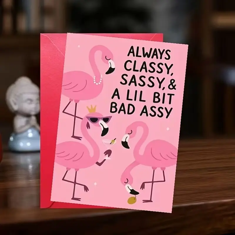 Classy Sassy Flamingo Greeting Card, Humorous Design with Flamingo, Cocktails, Pearl Necklace, Perfect for Any Occasion