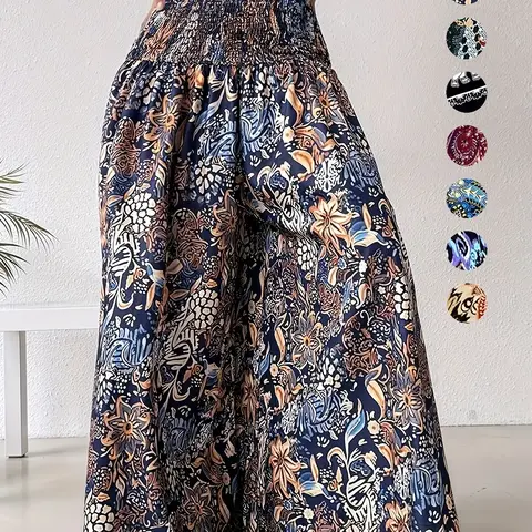 Women's Ethnic Pattern Shirred Waist Wide Leg Pants, Boho Casual Loose Fitted High Waist Trousers for Daily Holiday Vacation Wear, Ladies Bottoms for All Seasons