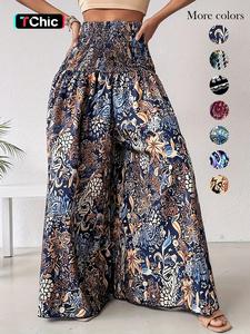 women's ethnic pattern shirred waist wide leg pants, boho casual high waist trousers for daily holiday vacation wear, ladies bottoms for all seasons, womenswear
