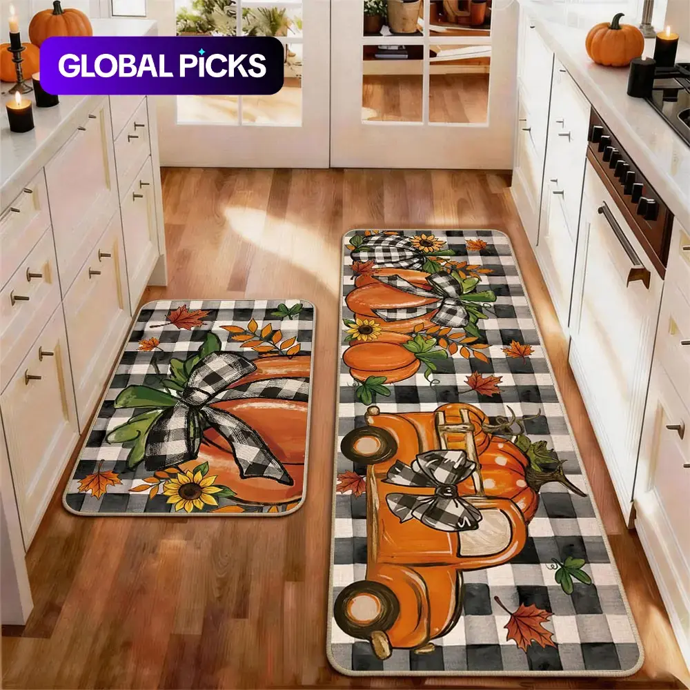 2pcs Thanksgiving Fall Kitchen Mat Gug Set with Pumpkin Maple leaves Pattern, Non-Slip Soft Low Profile,Floor Mat Set Farmhouse Kitchen Rug Dining Room Flooring Laundry Room Decor Carpet Mat, Decorative Rug Mat Kitchen Mat Sets