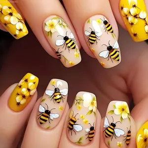 24 Pcs Honey Bee Press On Nails For Women Girls Yellow Cream Medium Coffin Fake Nails Cute Floral Blossom Full Cover Acrylics Cottagecore Aesthetic Summer Nails