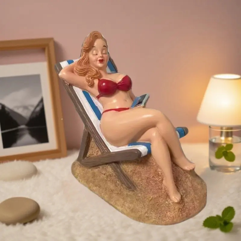 Vintage Poster Style Bikini Girl Resin Figurine, Recliner Girl Beach Lounge Chair Statue, Tropical Home Decor Gift, Retro Aesthetic Ornament