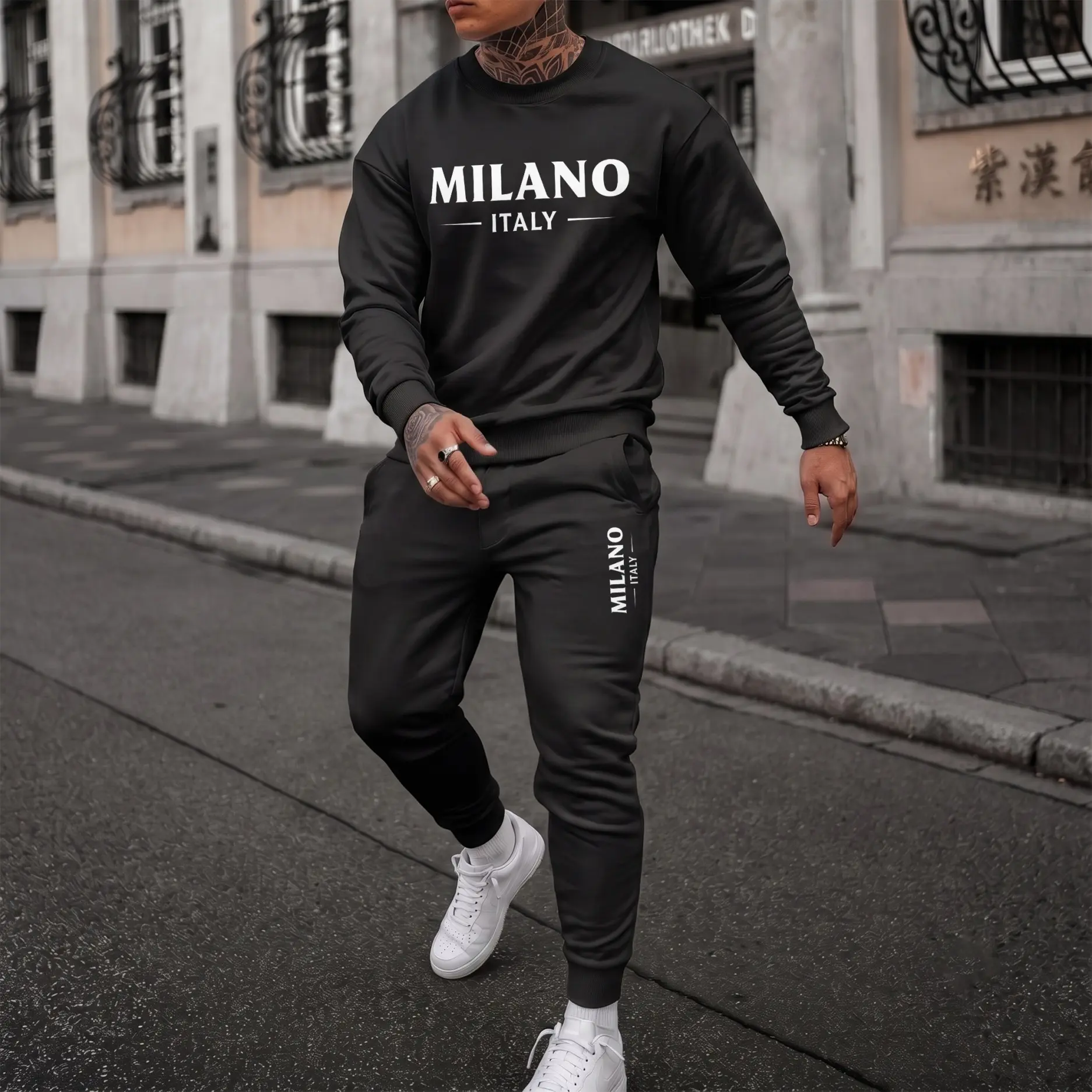 Men's Milano Letter Graphic Crewneck Sweatshirt and Jogger Pants Set, Casual Long Sleeve Pullover with Drawstring Sweatpants, Comfortable Fall Winter Tracksuit for Daily Wear, Travel, Lounge and Outdoor Activities