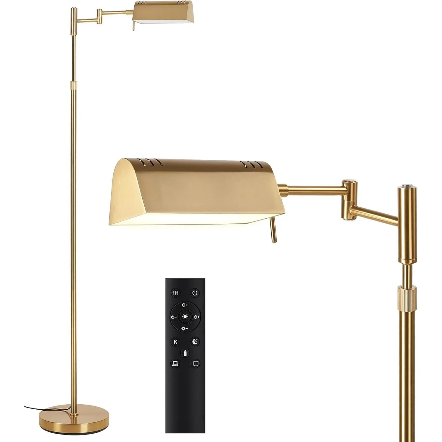 Dimmable LED Pharmacy Floor Lamps, 16W/1500LM Bright Reading Lamp | Remote Touch Control, 350°Swing Arm, Adjustable Height, Task Craft Tall Standing Light for Living Room Bedroom Office, Gold