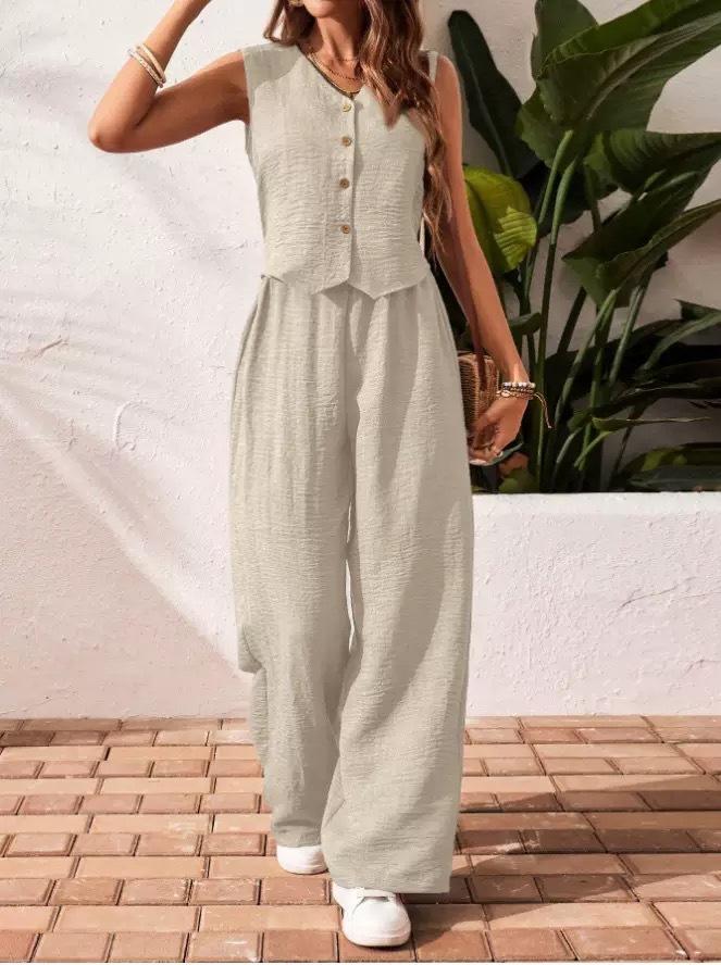 Women's 2 Piece Vest and Pants Set, Casual Button Down Waistcoat and Wide Leg Pants Matching Outfit Women's 2 Piece Vest and Pants Set, Casual Button Down Waistcoat and Wide Leg Pants Matching Outfit
