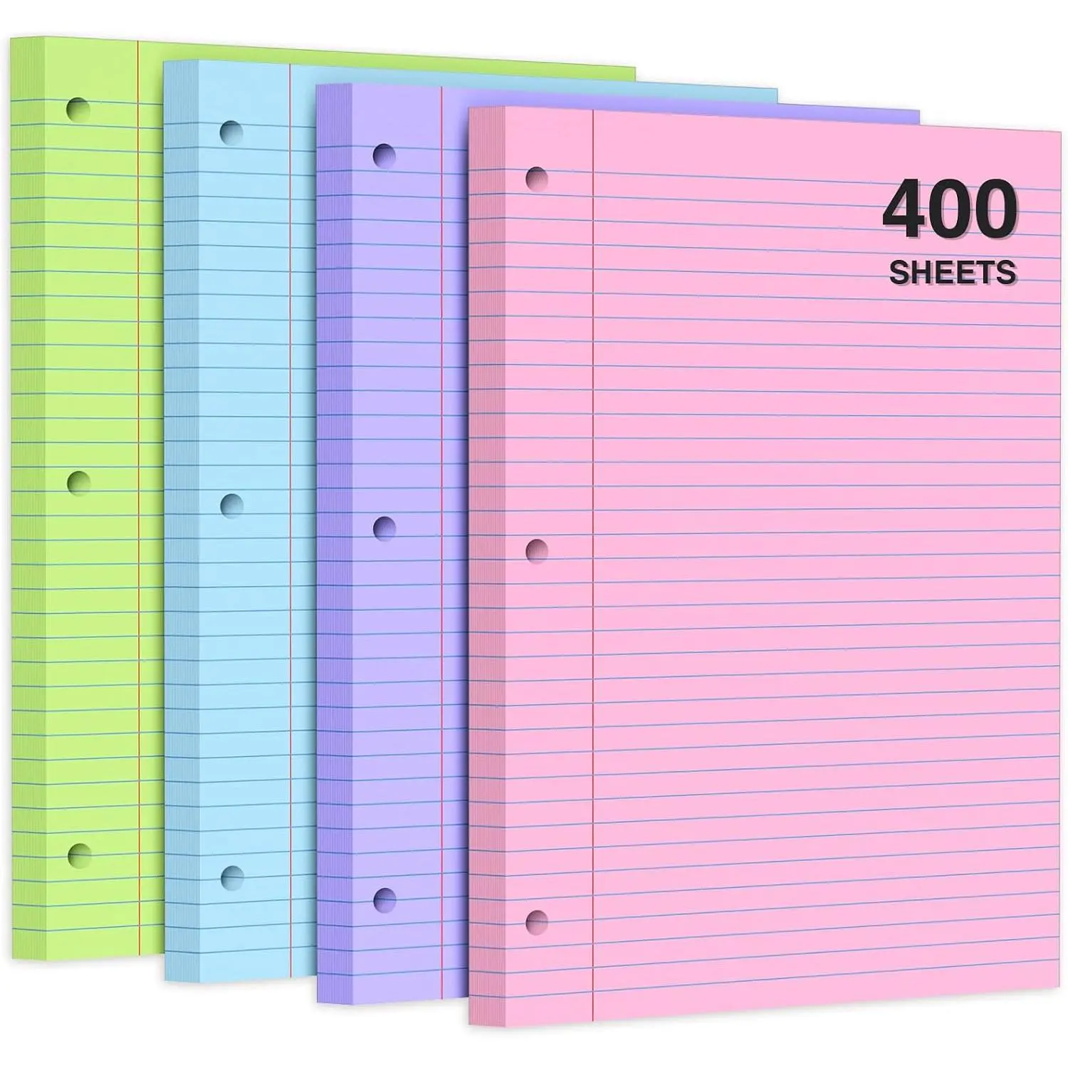 400 Sheets Pastel Colored Filler Paper Set, College Ruled, 8" x 10.5" Three-Hole Punched, Compatible with 3-Ring Binders, Includes , , Blue, Green