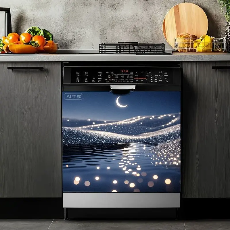2D Flat 2Pcs Nightscape Dishwasher Sticker Crescent Moon Starry Night Water Landscape Decal Modern Minimalist Home Kitchen Appliance Cover Removable Waterproof Decorative Stickers for Refrigerator Washing Machine Cabinet Door Bedroom Office