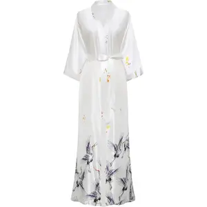 Satin Long Kimono Robe Sleepwear Bathrobe Nightgown Silky Crane Cardigan BlouseGift
