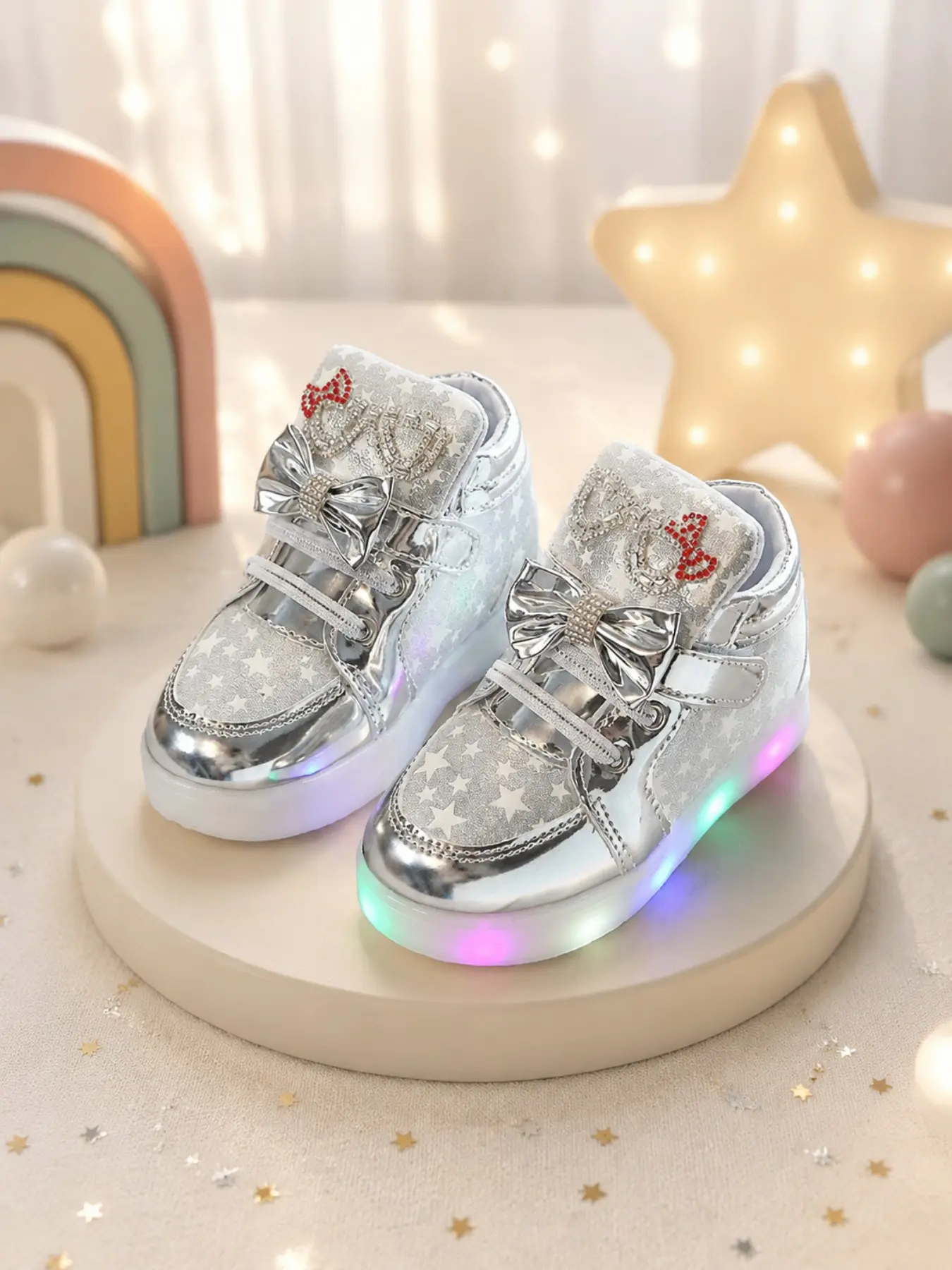 Flashy High-Top Casual Shoes, Gold Silver Color, Star Sequins, LED Light, Velcro, Breathable, Anti-Slip, Lightweight, Unisex