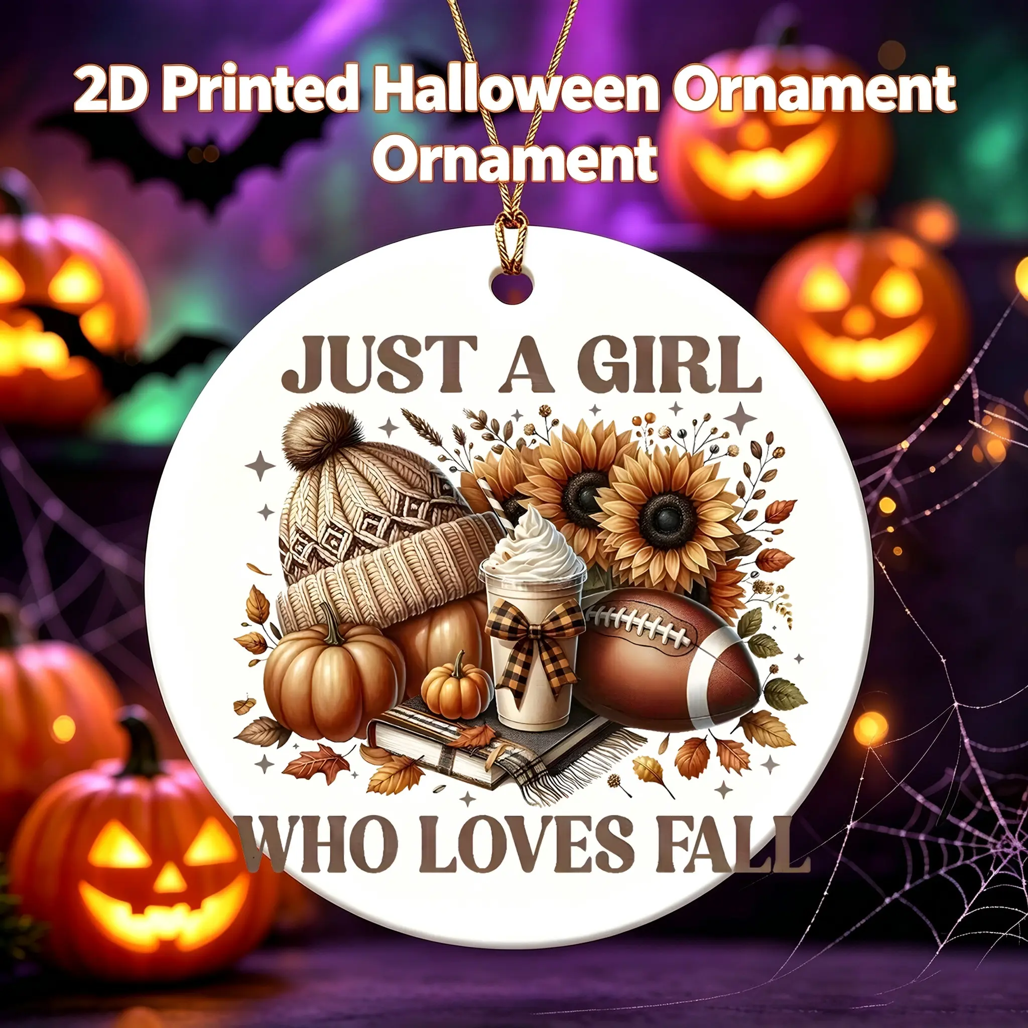 Autumn Style Ceramic Ornament Just A Girl Who Loves Fall Pattern With Pumpkins And Sunflowers For Home Decoration 3 Inch